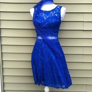 Elegant Blue Lace Dress with Scarf